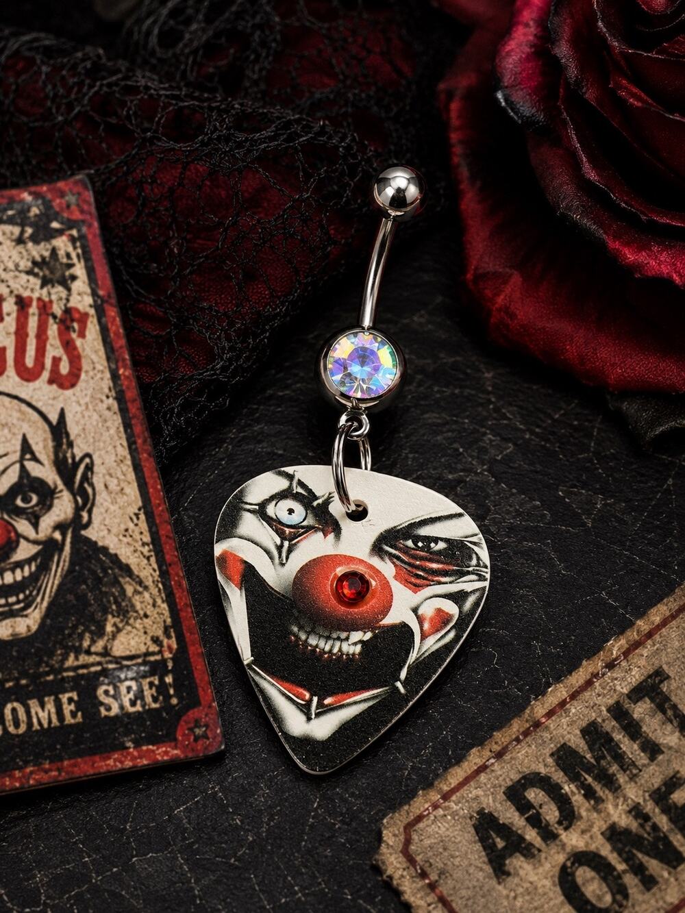 Handmade Creepy Clown Guitar Pick Belly Ring Rhinestone Horror Gothic Halloween